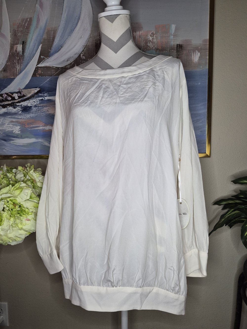Women's Cream Long-Sleeve Blouse - Lightweight Boatneck Top